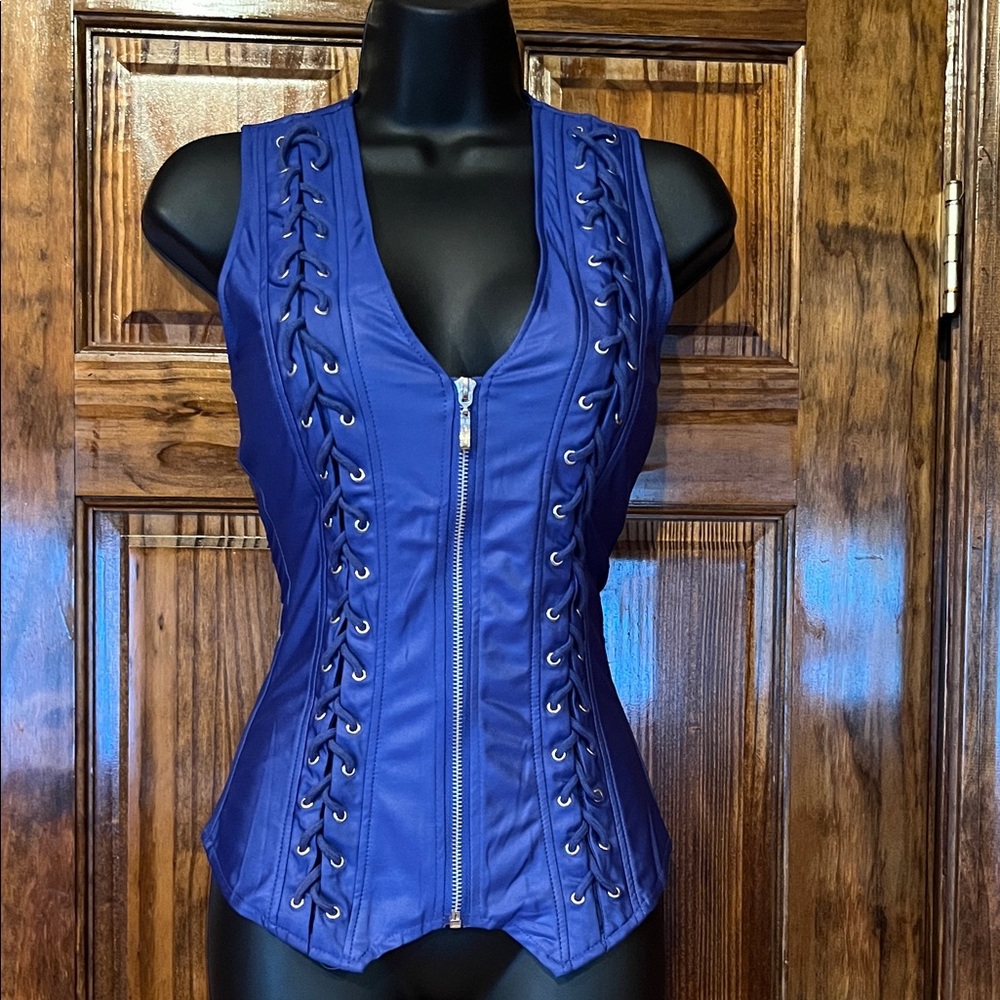 Blue Lace-Up Satin Corset Top with Front Zip